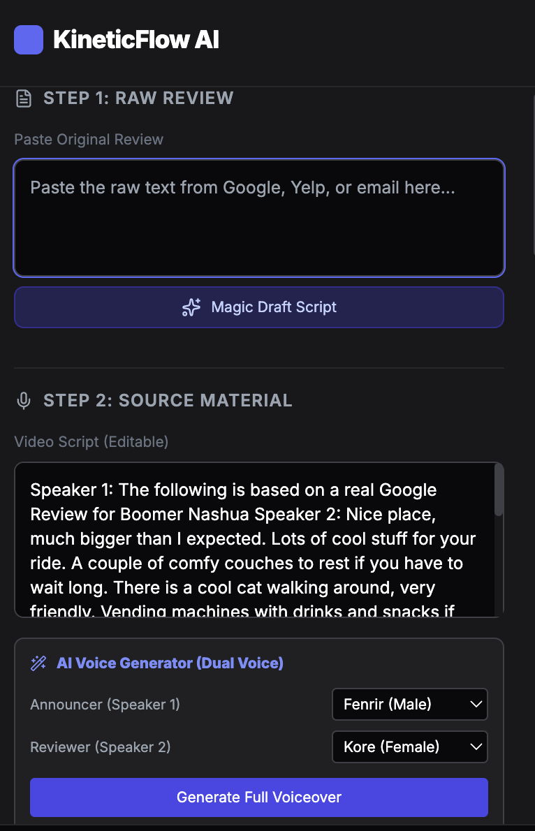 KineticFlow AI - Step 1: Paste raw review and generate AI voiceover script