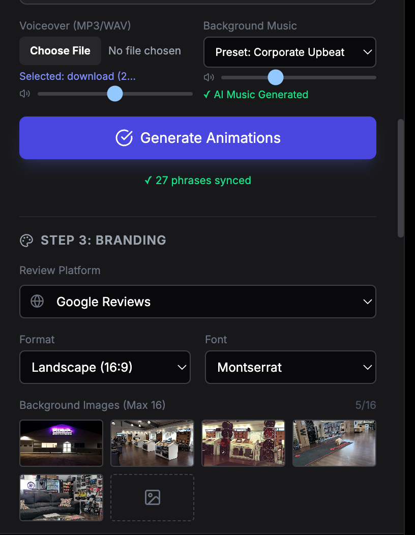 KineticFlow AI - Step 2: Audio mixing and branding options