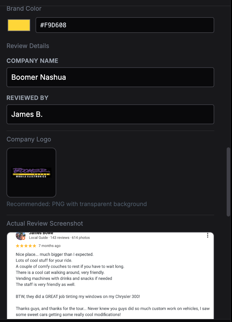 KineticFlow AI - Step 3: Review details, brand color, logo, and review screenshot